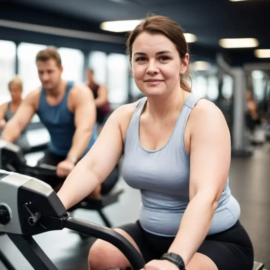 Overweight female on bike grey shirt